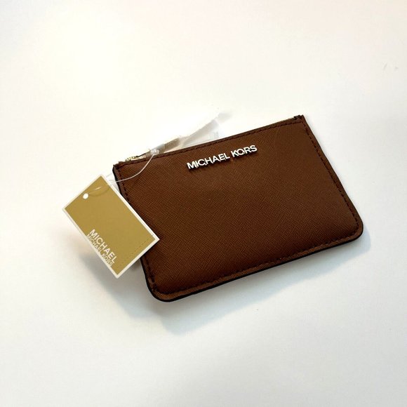 NWT MICHAEL KORS Jet Set Saffiano Leather Coin Pouch ID Holder Wallet Brown - Picture 2 of 6